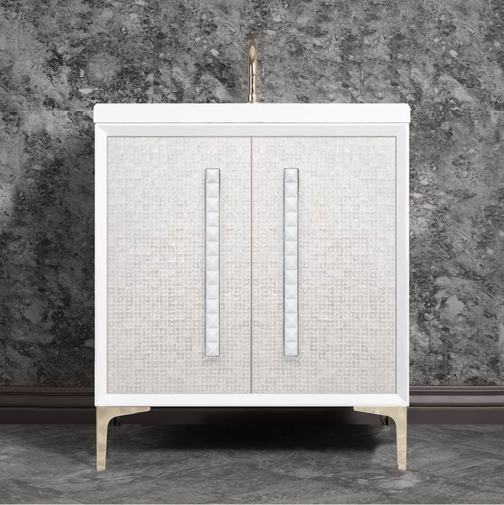 Linkasink MOTHER OF PEARL with 18'' Artisan Glass Pyramid Hardware 30'' Wide Vanity, White, Polished Nickel Hardware, 30'' x 22'' x 33.5'' (without vanity top)