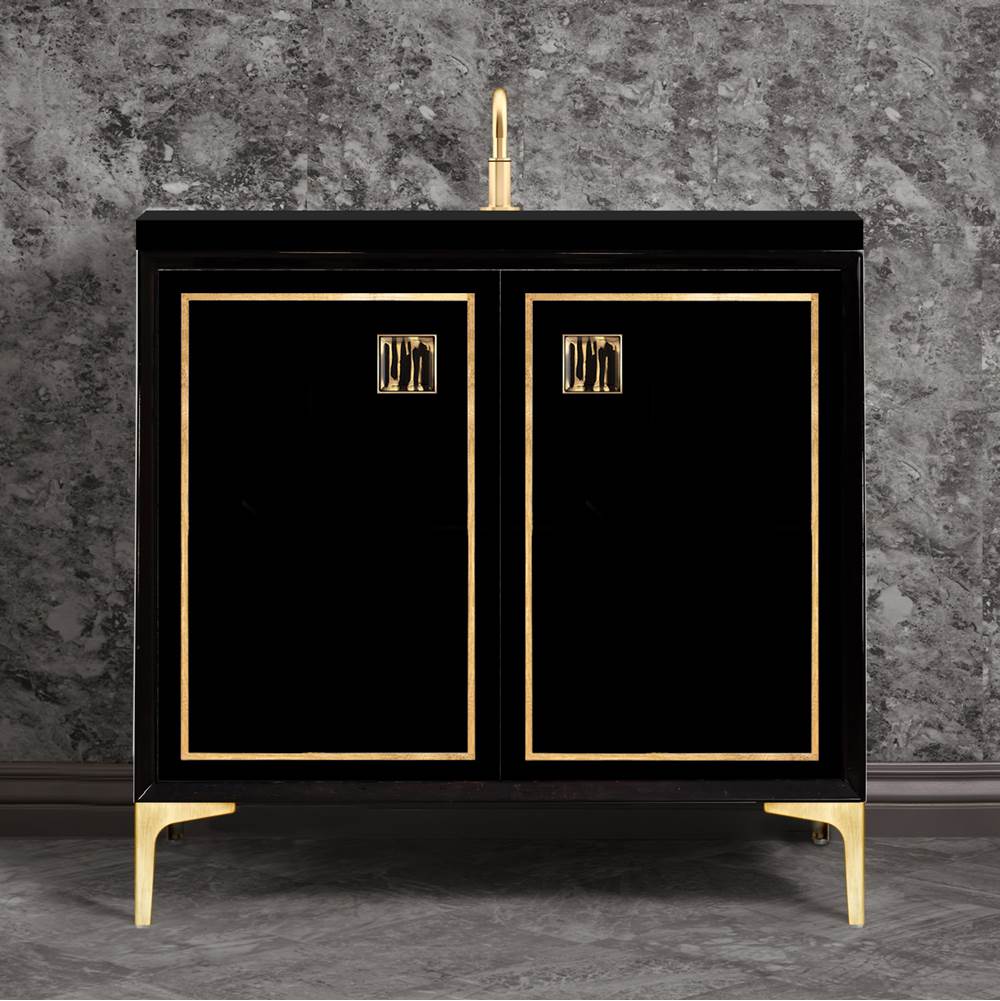 Linkasink Linea with 3'' Black Tiger Artisan Glass Prism, 36'' Wide Vanity, Black, Satin Brass Hardware with White Glass, 36'' x 22'' x 33.5'' (without vanity top)
