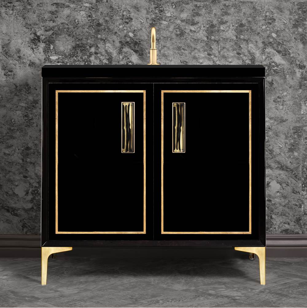 Linkasink Linea with 8'' Black Tiger Artisan Glass Prism, 36'' Wide Vanity, Black, Satin Brass Hardware with White Glass, 36'' x 22'' x 33.5'' (without vanity top)