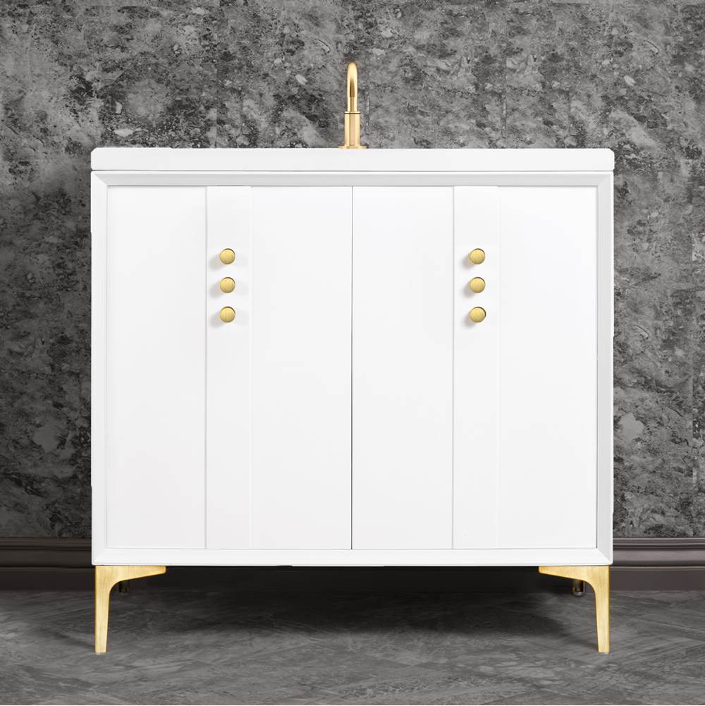 Linkasink Tuxedo 36'' Wide White Vanity with Satin Brass Buttons and Hardware