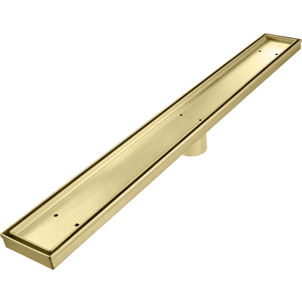 QM Drain Delmar Series. 48'' Standard length Plain Edge linear drain. Mist (Tile-in) Line. Gold