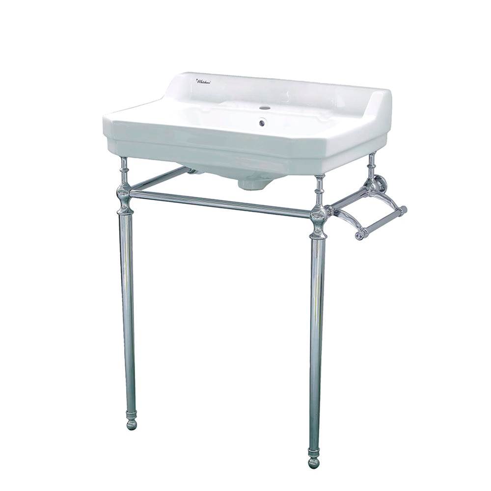 Whitehaus Collection Victoriahaus Rectangular Basin China Console With Single Hole Faucet Drill,  Polished Chrome Leg Supports With Towel Bar, Backsplash, And Overflow